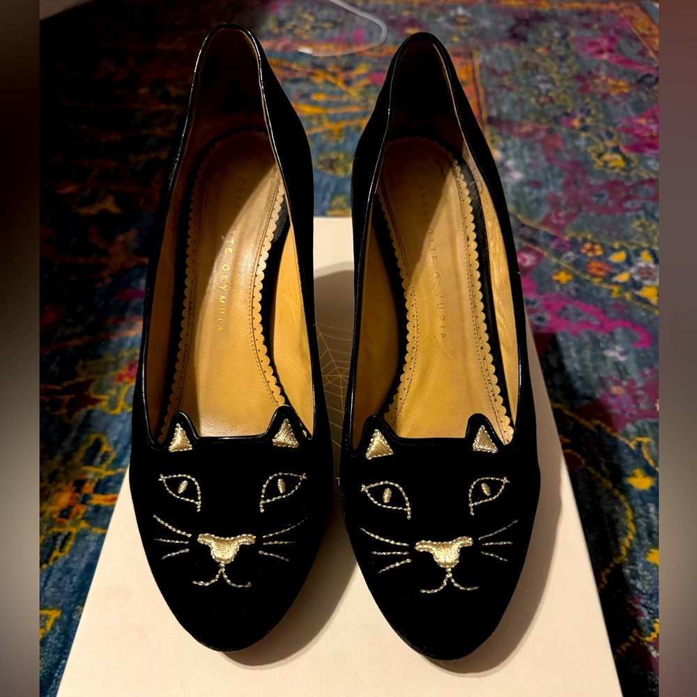 Charlotte Olympia Kitty 85mm Black Velvet with Patent heels